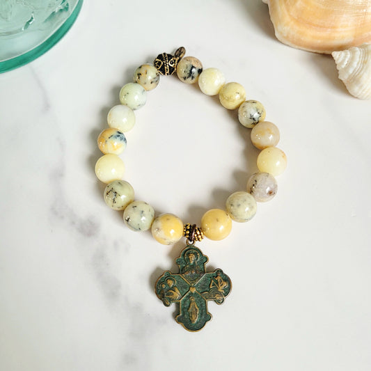 African Opal 10mm Beaded Bracelet w/ Bronze Four Way Cross