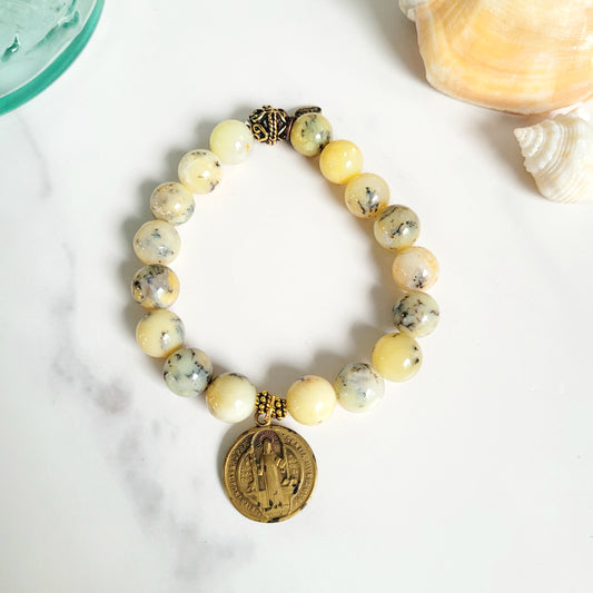 African Opal 10mm Beaded Bracelet w/ Bronze St. Benedict Medal