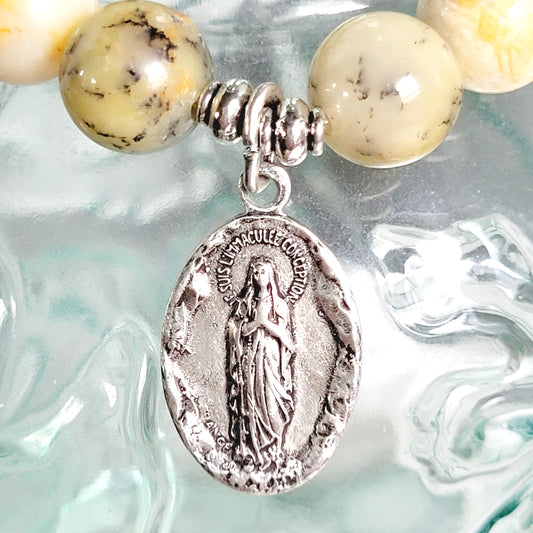 African Opal 10mm Beaded Bracelet w/ Signed Silver Plated Medal of I am the Immaculate Conception