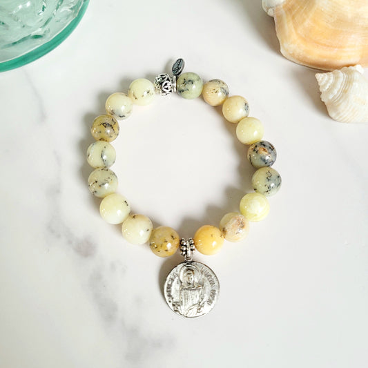 African Opal 10mm Beaded Bracelet w/ Silver Plated Medal of Santa Lucia