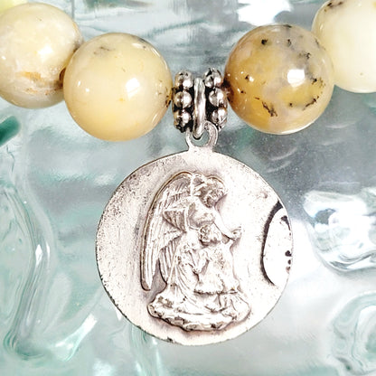 African Opal 10mm Beaded Bracelet w/ Silver Plated Medal of Santa Lucia