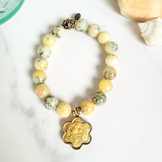 African Opal 10mm Beaded Bracelet w/ Gold Plated Medal of St. Anne