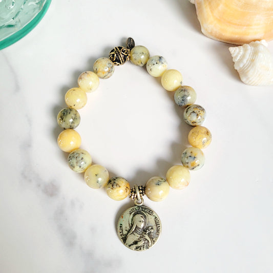 African Opal 10mm Beaded Bracelet w/ Signed Silver Plated Medal of St. Therese of the Little Flower