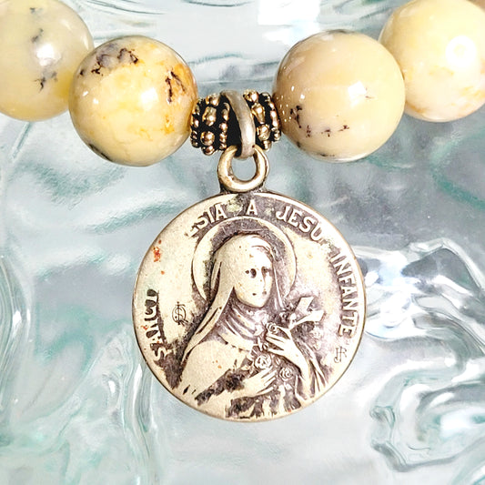 African Opal 10mm Beaded Bracelet w/ Signed Silver Plated Medal of St. Therese of the Little Flower