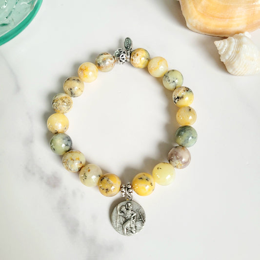 African Opal 10mm Beaded Bracelet w/ Silver Plated Signed Medal of St. Christopher