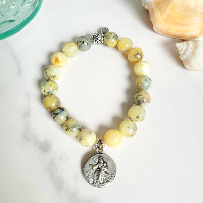 African Opal 10mm Beaded Bracelet w/ Antique Silver Plated Signed Medal of Our Lady of Mount Carmel & Sacred Heart of Jesus