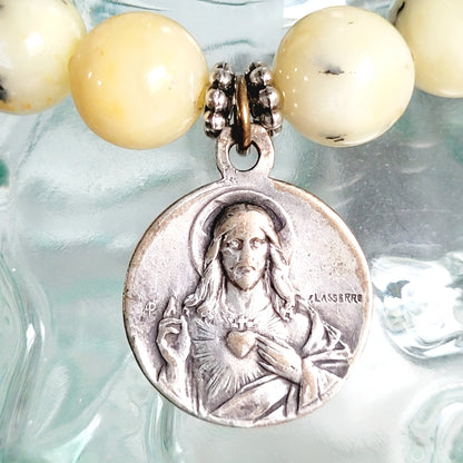 African Opal 10mm Beaded Bracelet w/ Antique Silver Plated Signed Medal of Our Lady of Mount Carmel & Sacred Heart of Jesus