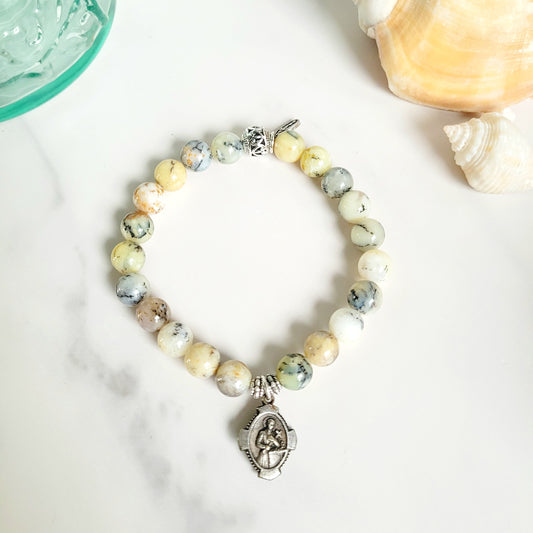African Opal 10mm Beaded Bracelet w/ Vintage Silver Plated Medal of St. Gerard Majella