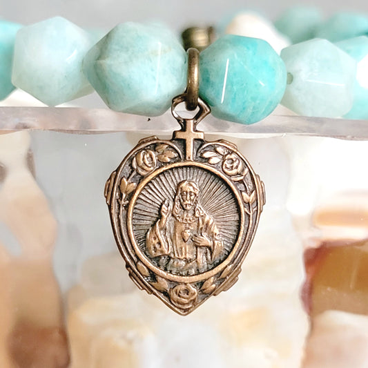 Brazilian Amazonite Faceted 8mm Beaded Bracelet w/ Vintage Bronze Medal of the Sacred Heart of Jesus