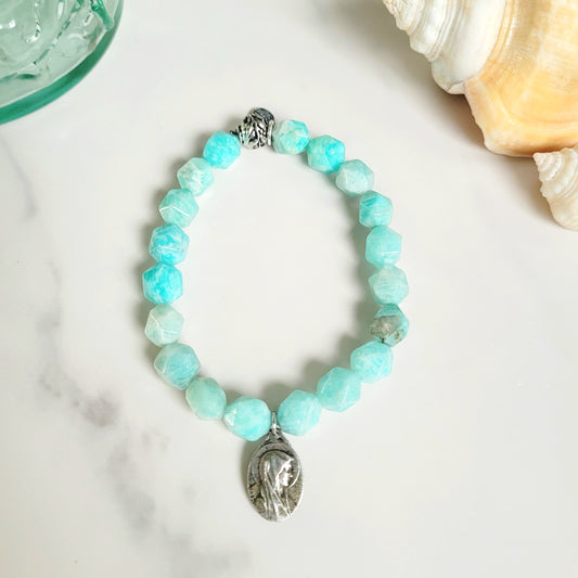 Brazilian Amazonite Faceted 8mm Beaded Bracelet w/ Signed Silver Plated Medal of Our Lady of Lourdes