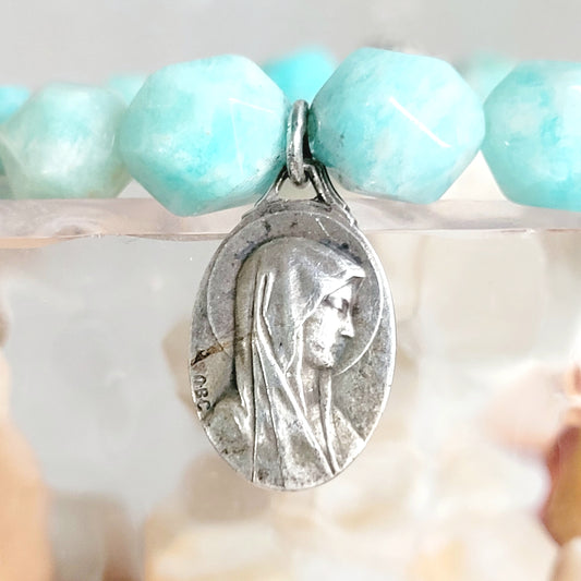 Brazilian Amazonite Faceted 8mm Beaded Bracelet w/ Signed Silver Plated Medal of Our Lady of Lourdes