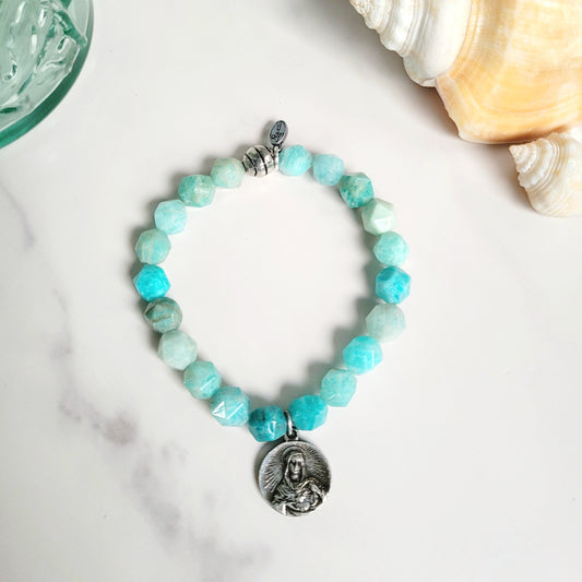 Brazilian Amazonite Faceted 8mm Beaded Bracelet w/ Silver Plated Immaculate Heart of Mary and Sacred Heart of Jesus