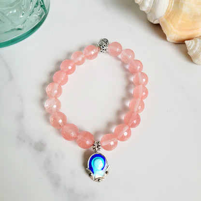 Cherry Quartz Faceted 10mm Beaded Bracelet w/ Silver Plate Blue Enamel Medal of Our Lady of Lourdes