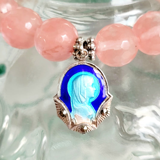 Cherry Quartz Faceted 10mm Beaded Bracelet w/ Silver Plate Blue Enamel Medal of Our Lady of Lourdes