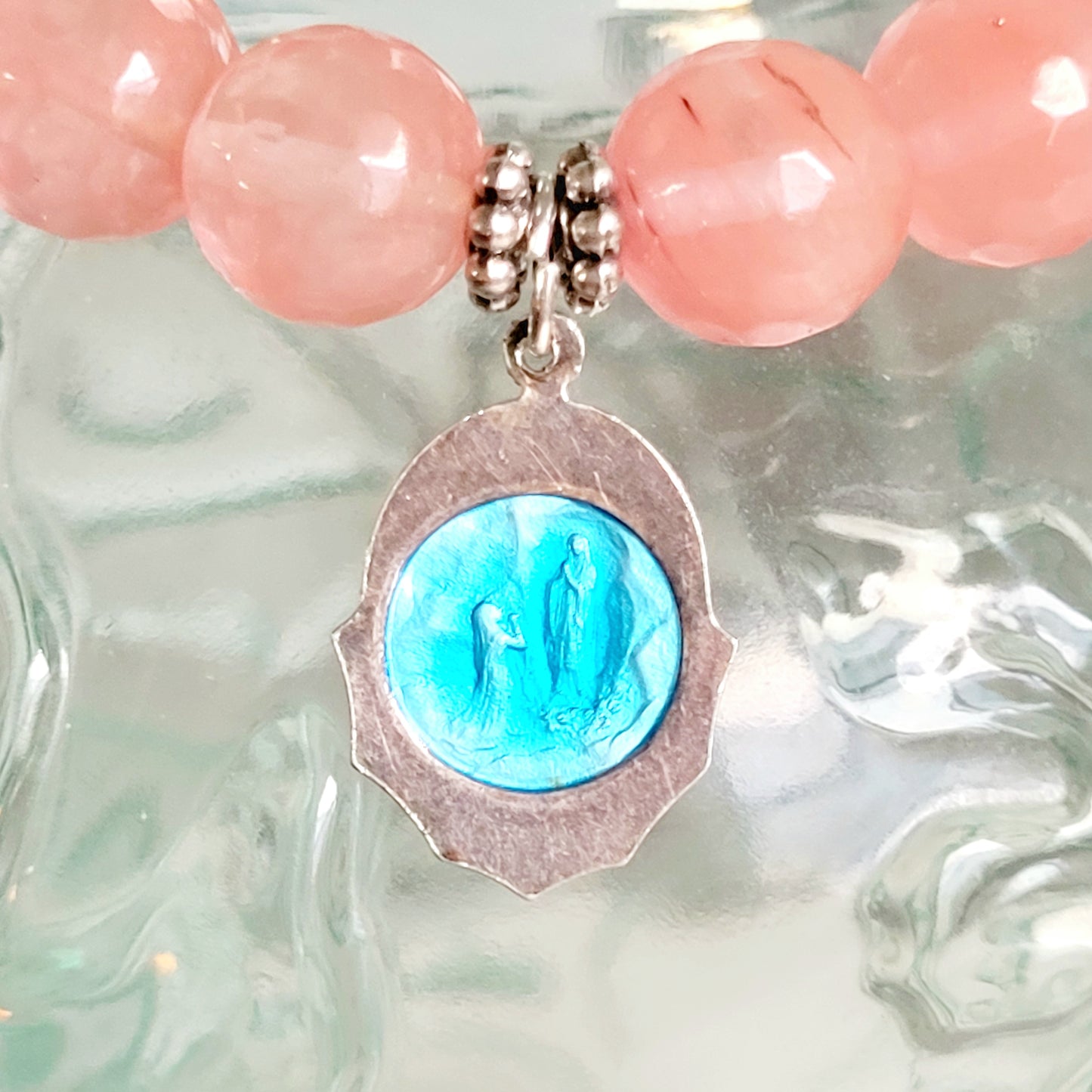 Cherry Quartz Faceted 10mm Beaded Bracelet w/ Silver Plate Blue Enamel Medal of Our Lady of Lourdes