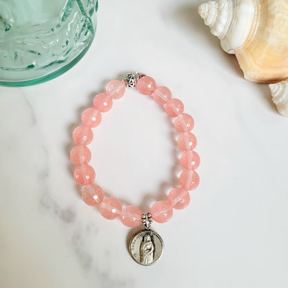 Cherry Quartz Faceted 10mm Beaded Bracelet w/ Silver Plate Medal of St. Miniato