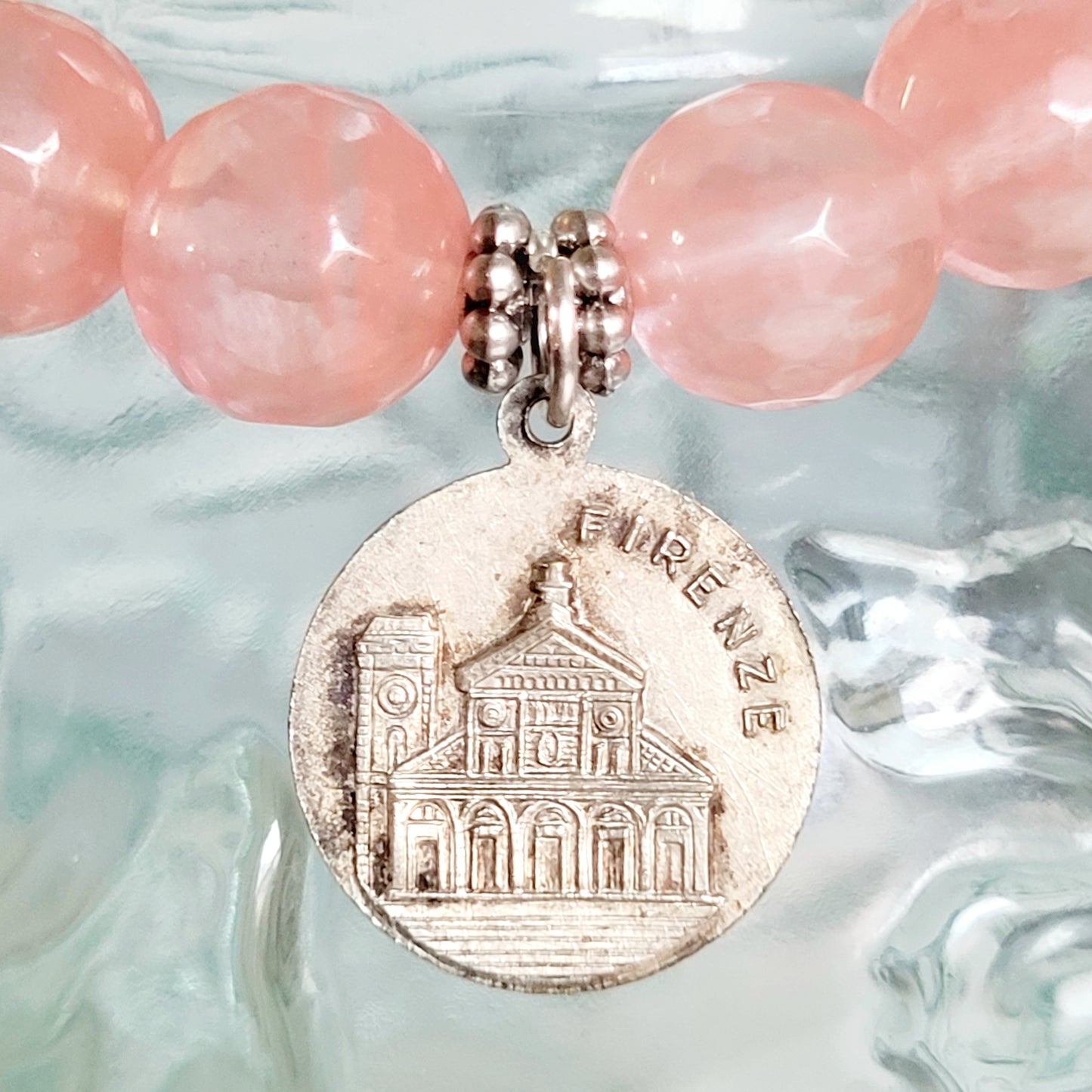Cherry Quartz Faceted 10mm Beaded Bracelet w/ Silver Plate Medal of St. Miniato