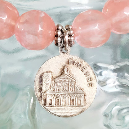 Cherry Quartz Faceted 10mm Beaded Bracelet w/ Silver Plate Medal of St. Miniato