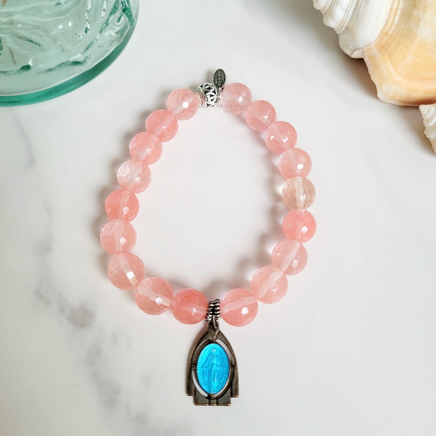 Cherry Quartz Faceted 10mm Beaded Bracelet w/ Art Deco Silver Plate Blue Enameled Miraculous Medal of Mary