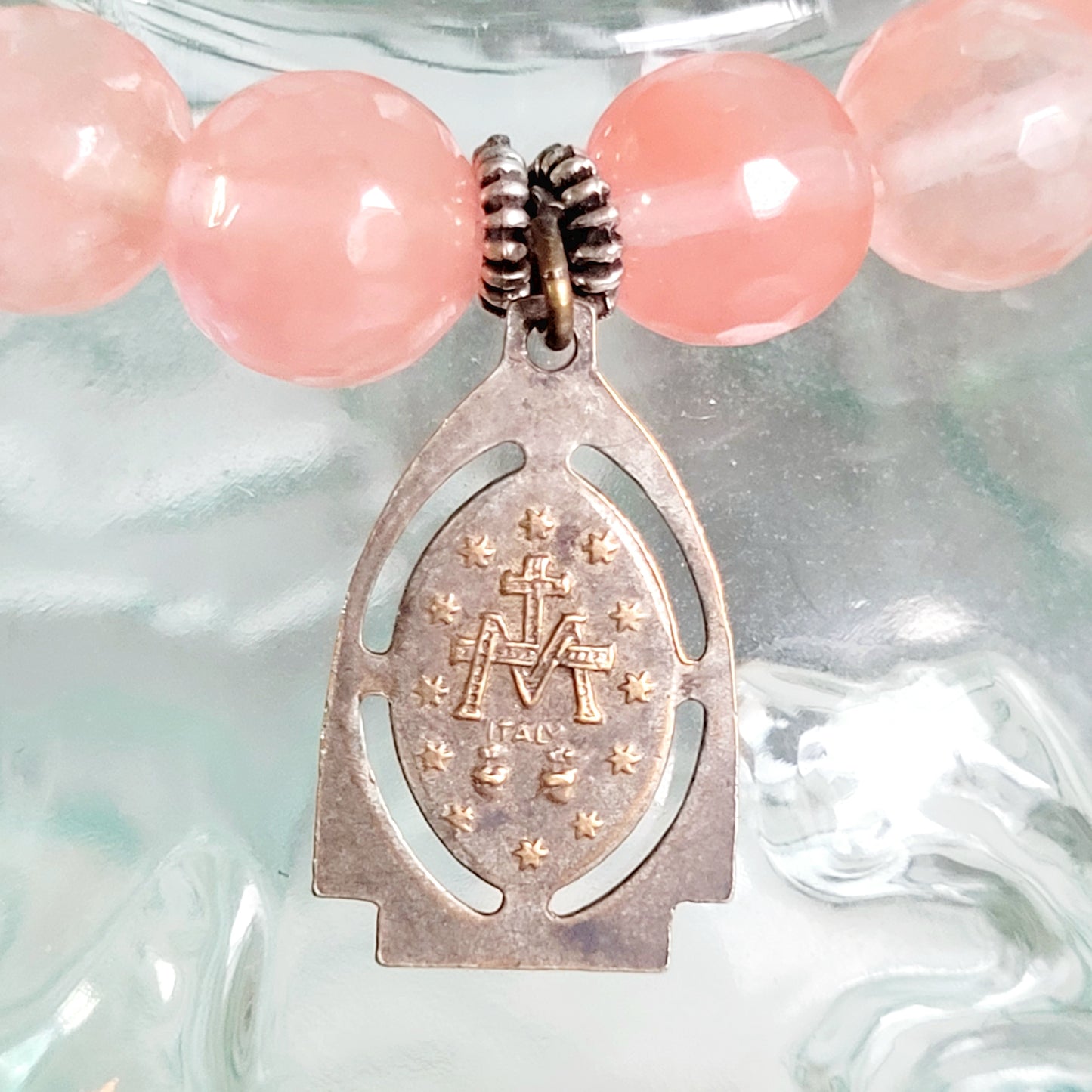 Cherry Quartz Faceted 10mm Beaded Bracelet w/ Art Deco Silver Plate Blue Enameled Miraculous Medal of Mary