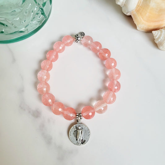 Cherry Quartz Faceted 10mm Beaded Bracelet w/ Silver Plate Medal of St. Expedite