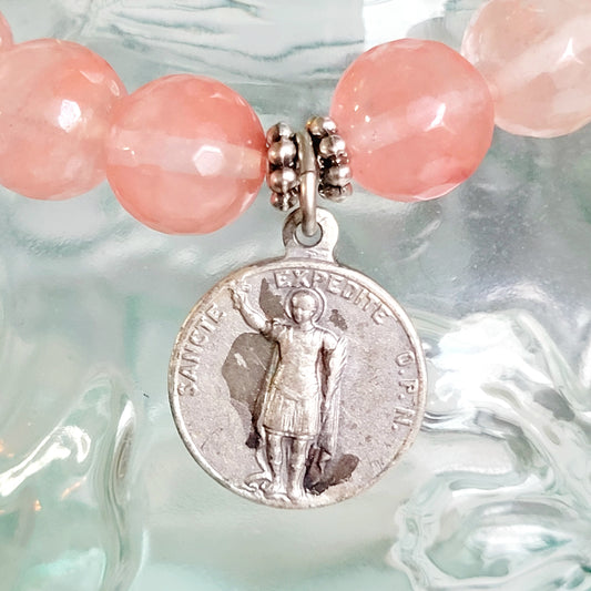 Cherry Quartz Faceted 10mm Beaded Bracelet w/ Silver Plate Medal of St. Expedite