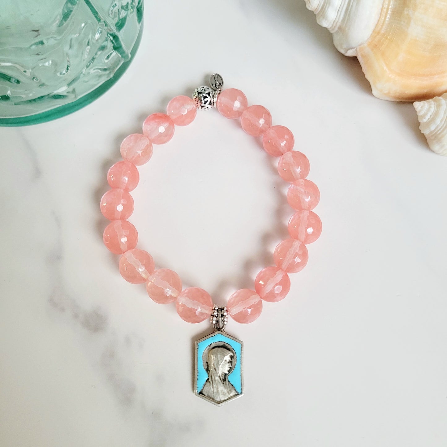 Cherry Quartz Faceted 10mm Beaded Bracelet w/ Silver Plated Blue Enameled Medal of Our Lady of Lourdes