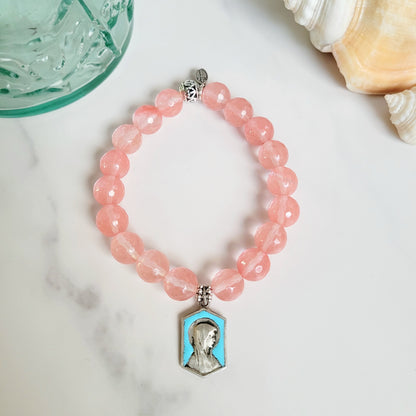 Cherry Quartz Faceted 10mm Beaded Bracelet w/ Silver Plated Blue Enameled Medal of Our Lady of Lourdes