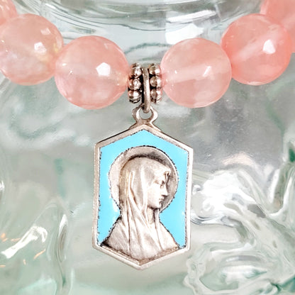 Cherry Quartz Faceted 10mm Beaded Bracelet w/ Silver Plated Blue Enameled Medal of Our Lady of Lourdes
