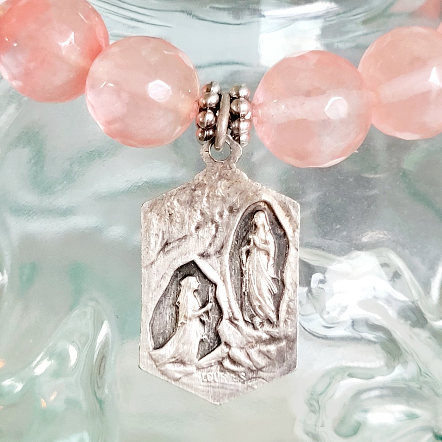 Cherry Quartz Faceted 10mm Beaded Bracelet w/ Silver Plated Blue Enameled Medal of Our Lady of Lourdes