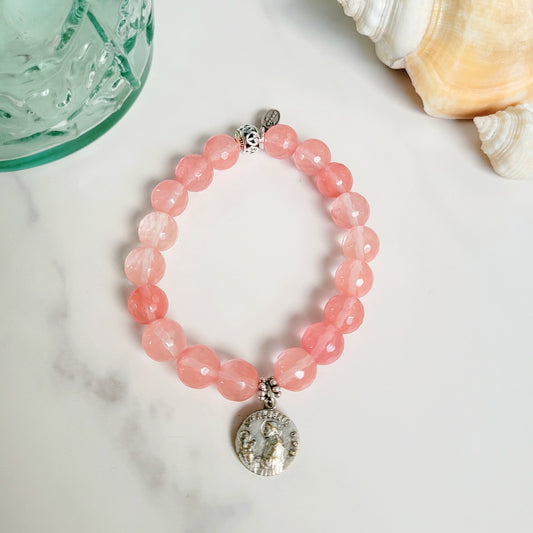 Cherry Quartz Faceted 10mm Beaded Bracelet w/ Signed Silver Plated Medal of St. Albert & Our Lady of Mount Carmel
