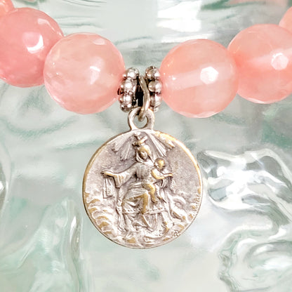 Cherry Quartz Faceted 10mm Beaded Bracelet w/ Signed Silver Plated Medal of St. Albert & Our Lady of Mount Carmel