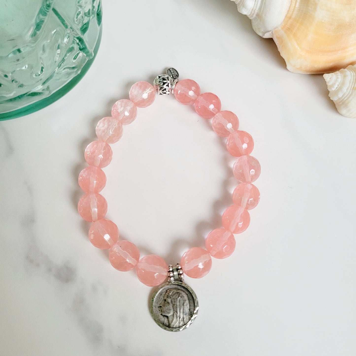 Cherry Quartz Faceted 10mm Beaded Bracelet w/ Signed Silver Plate Medal of Our Lady of Lourdes
