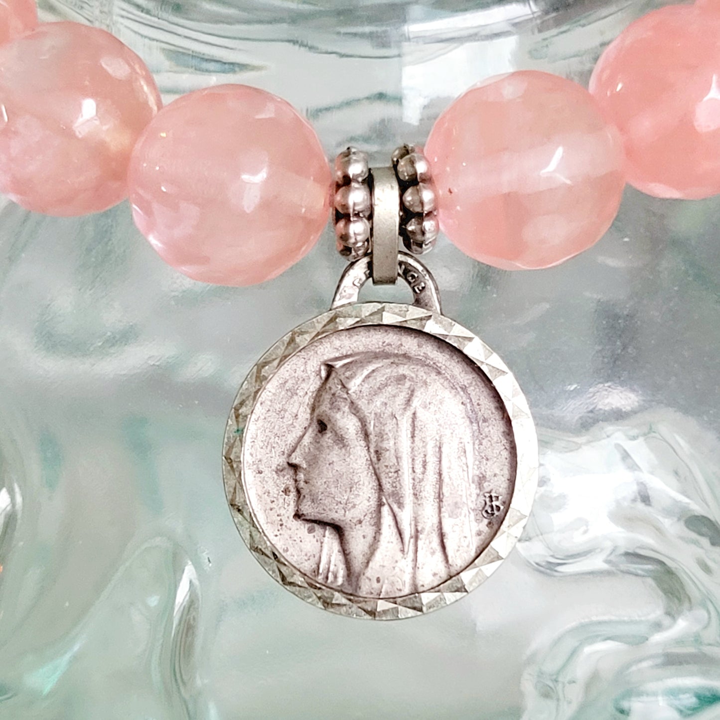 Cherry Quartz Faceted 10mm Beaded Bracelet w/ Signed Silver Plate Medal of Our Lady of Lourdes