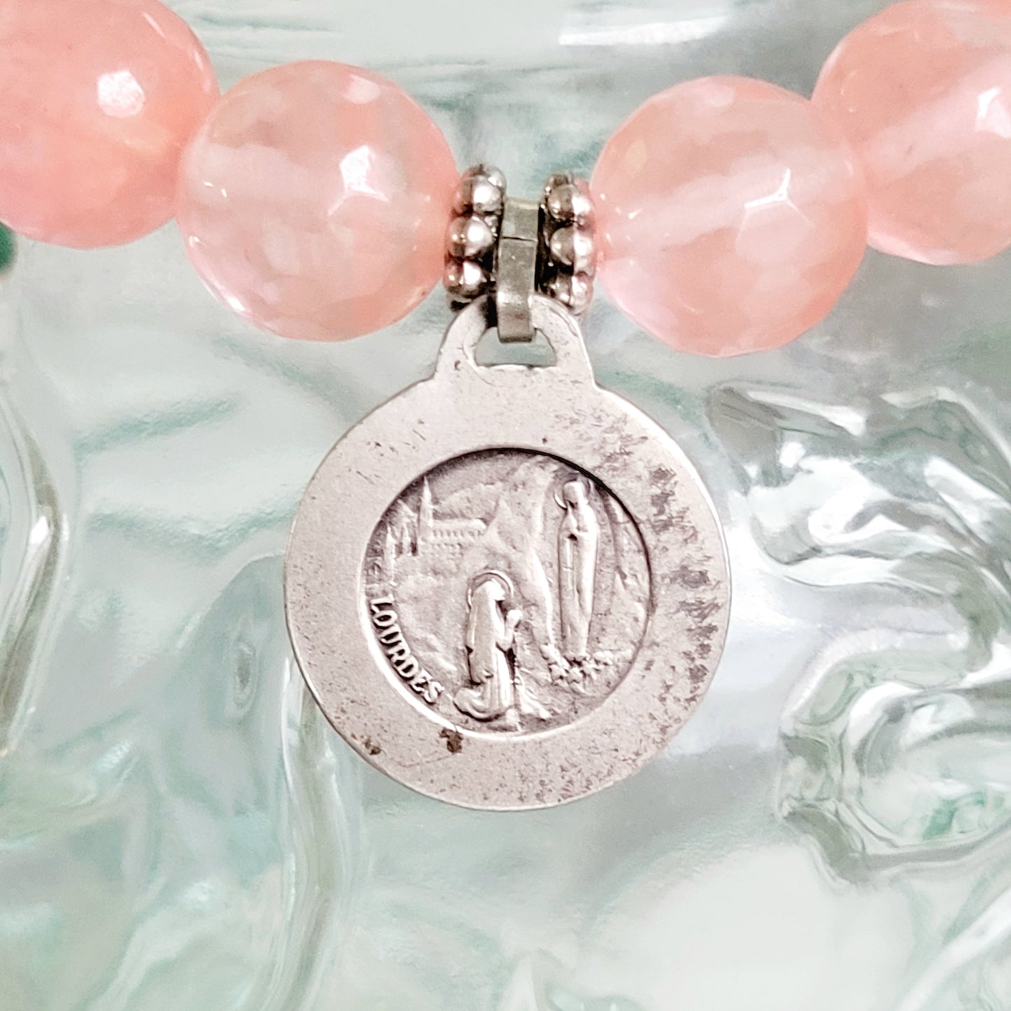 Cherry Quartz Faceted 10mm Beaded Bracelet w/ Signed Silver Plate Medal of Our Lady of Lourdes