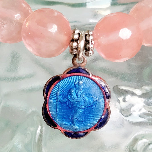 Cherry Quartz Faceted 10mm Beaded Bracelet w/ Silver Plate Blue Enameled Medal of St. Christopher
