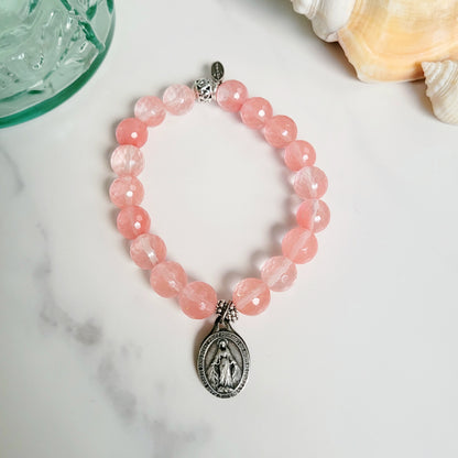 Cherry Quartz Faceted 10mm Beaded Bracelet w/ Silver Plated Miraculous Medal of Mary