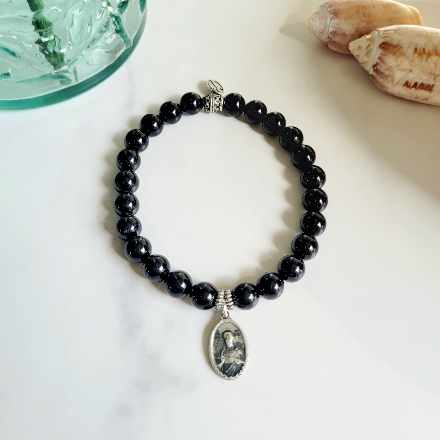 Black Tourmaline 6mm Beaded Bracelet w/ Vintage Silver Plated Medal of The Sacred Heart of Jesus