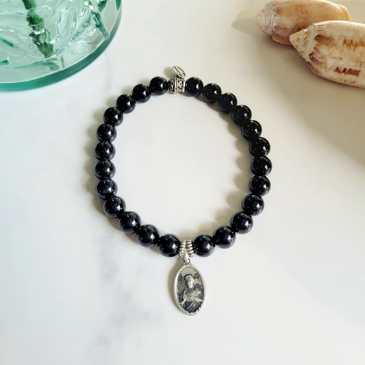 Black Tourmaline 6mm Beaded Bracelet w/ Vintage Silver Plated Medal of The Sacred Heart of Jesus