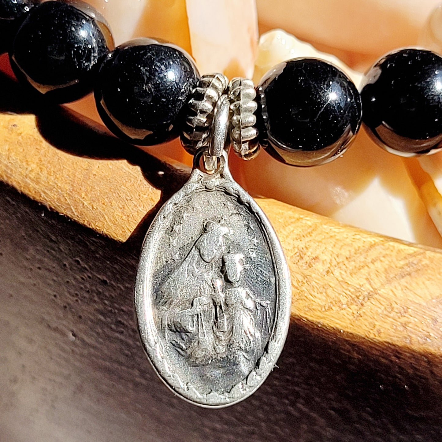 Black Tourmaline 6mm Beaded Bracelet w/ Vintage Silver Plated Medal of The Sacred Heart of Jesus