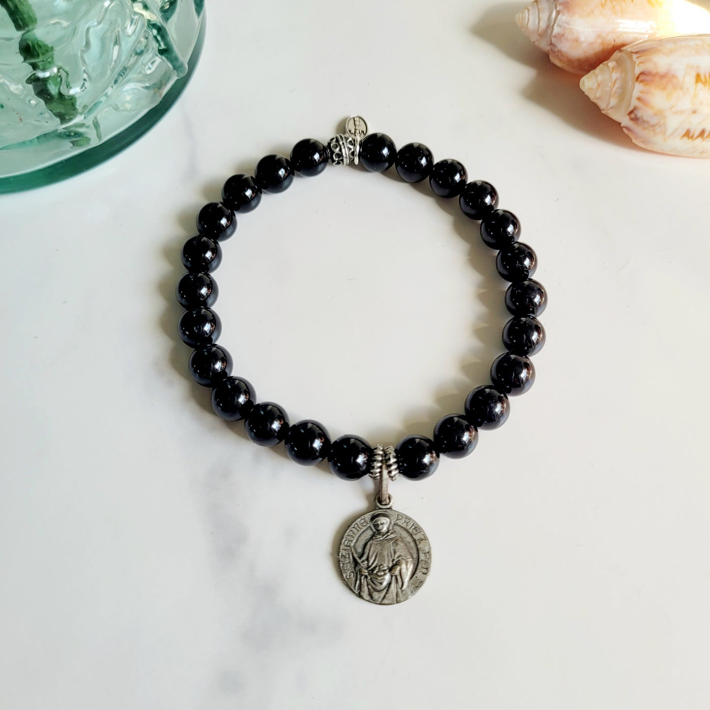 Black Tourmaline 6mm Beaded Bracelet w/ Vintage Signed Silver Plated Medal of Saint-Étienne