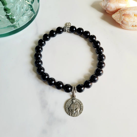 Black Tourmaline 6mm Beaded Bracelet w/ Vintage Signed Silver Plated Medal of Saint-Étienne