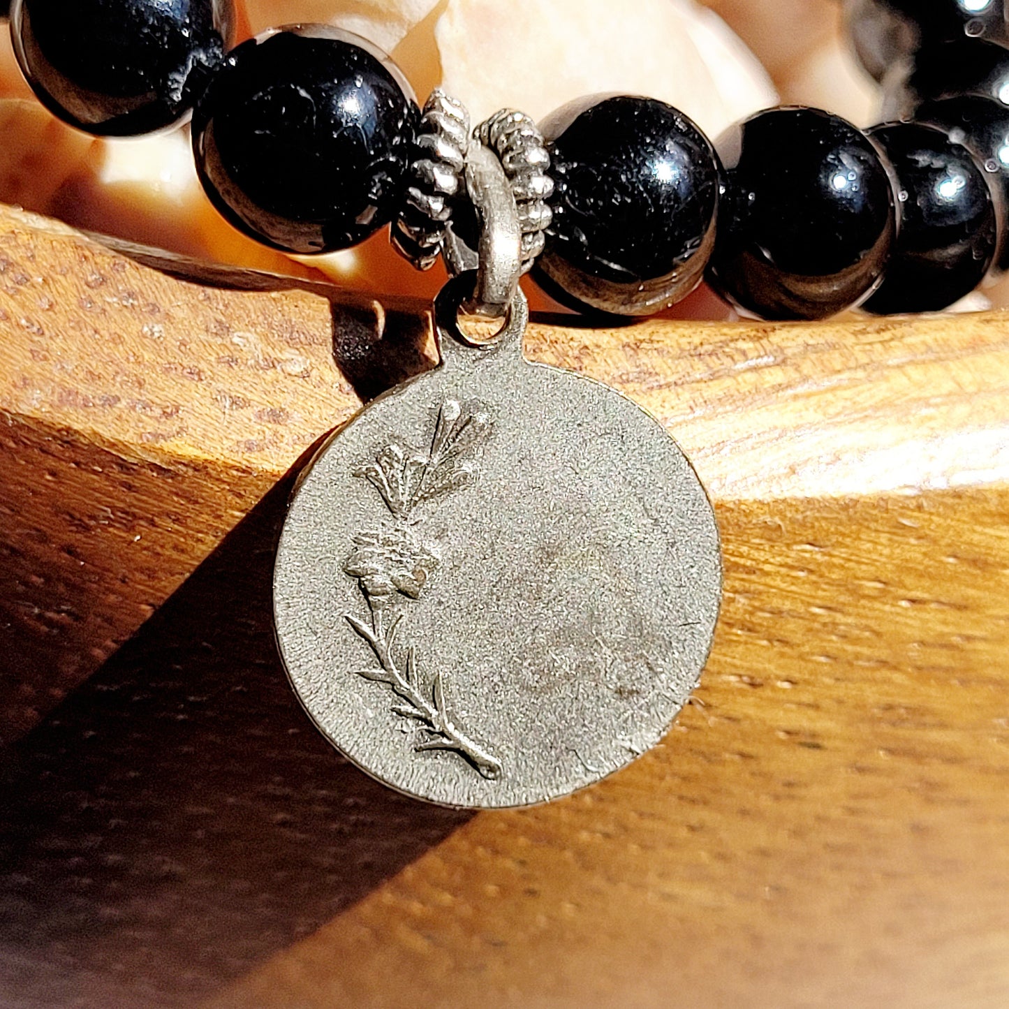 Black Tourmaline 6mm Beaded Bracelet w/ Vintage Signed Silver Plated Medal of Saint-Étienne