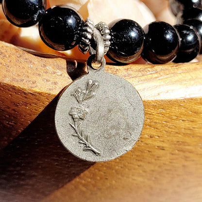 Black Tourmaline 6mm Beaded Bracelet w/ Vintage Signed Silver Plated Medal of Saint-Étienne