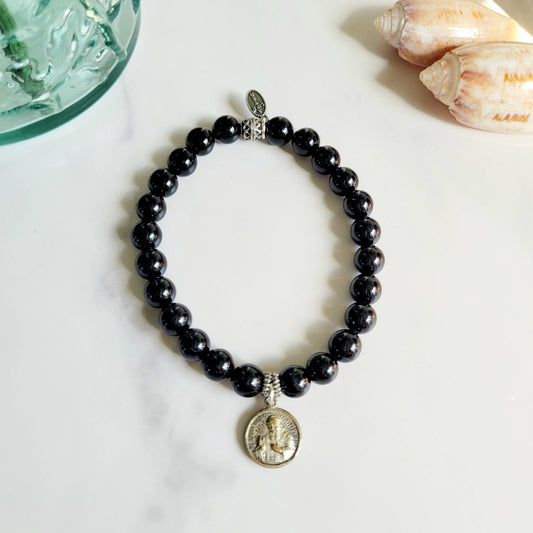 Black Tourmaline 6mm Beaded Bracelet w/ Silver Plated Medal of Blessed Leopold with a Relic