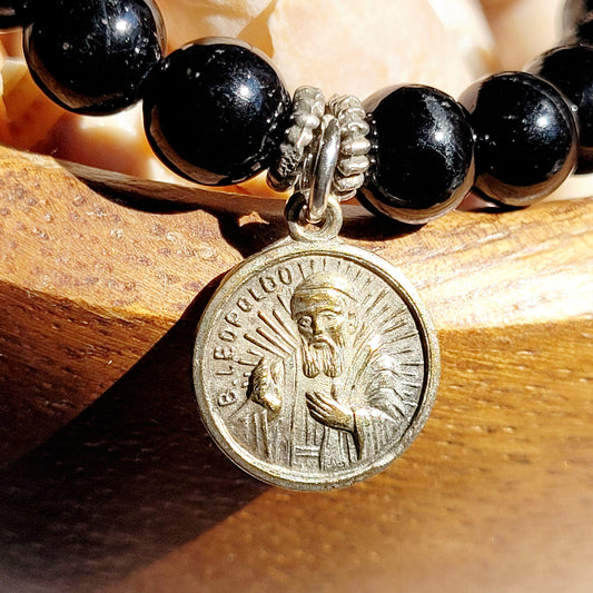 Black Tourmaline 6mm Beaded Bracelet w/ Silver Plated Medal of Blessed Leopold with a Relic