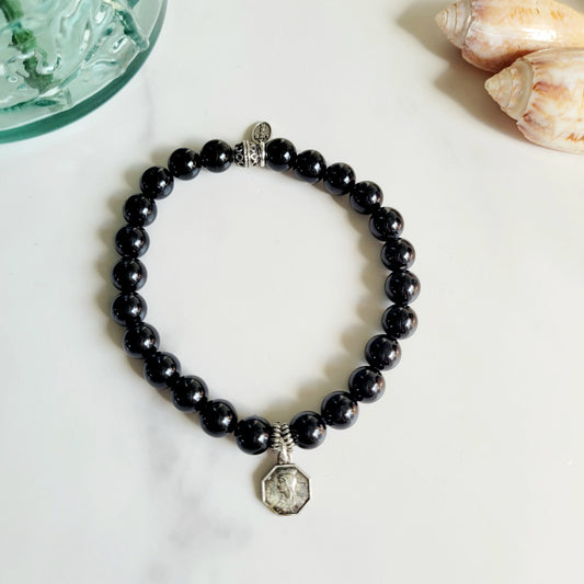 Black Tourmaline 6mm Beaded Bracelet w/ Silver Plated Medal of Our Lady Beauraing