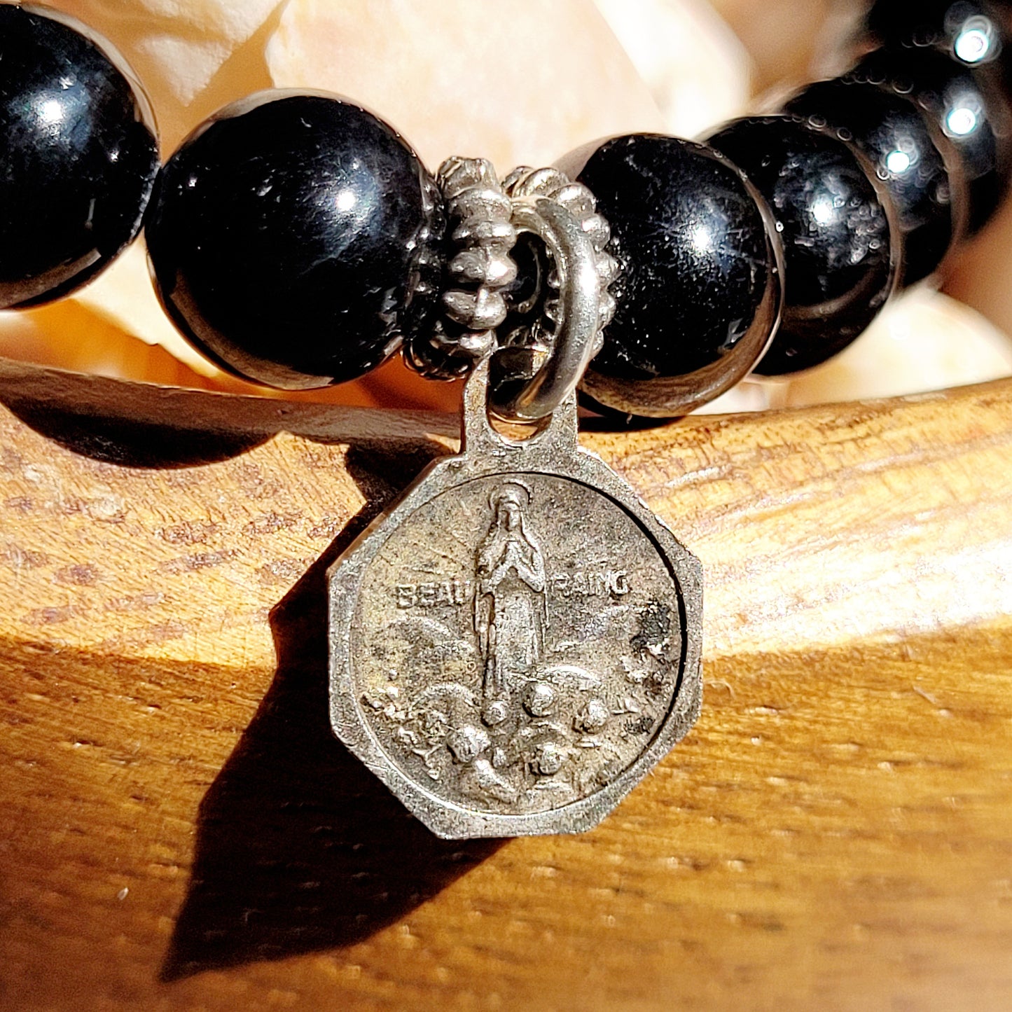 Black Tourmaline 6mm Beaded Bracelet w/ Silver Plated Medal of Our Lady Beauraing