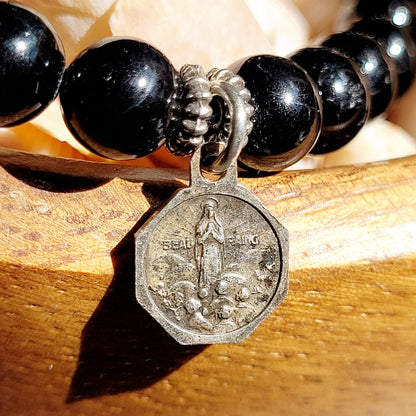 Black Tourmaline 6mm Beaded Bracelet w/ Silver Plated Medal of Our Lady Beauraing