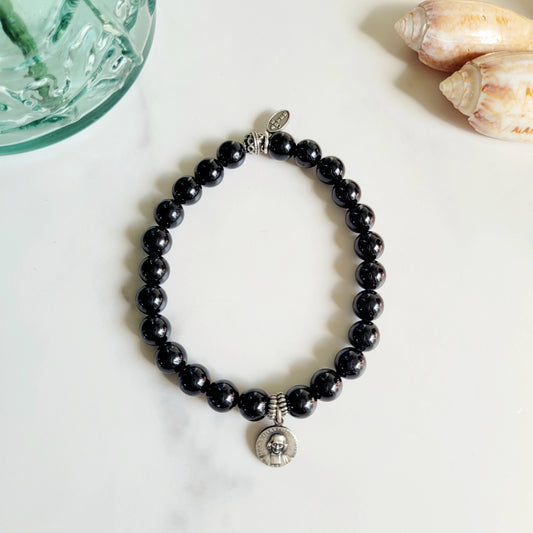 Black Tourmaline 6mm Beaded Bracelet w/ Silver Plated Medal of St. John Vianney & St. Philomena